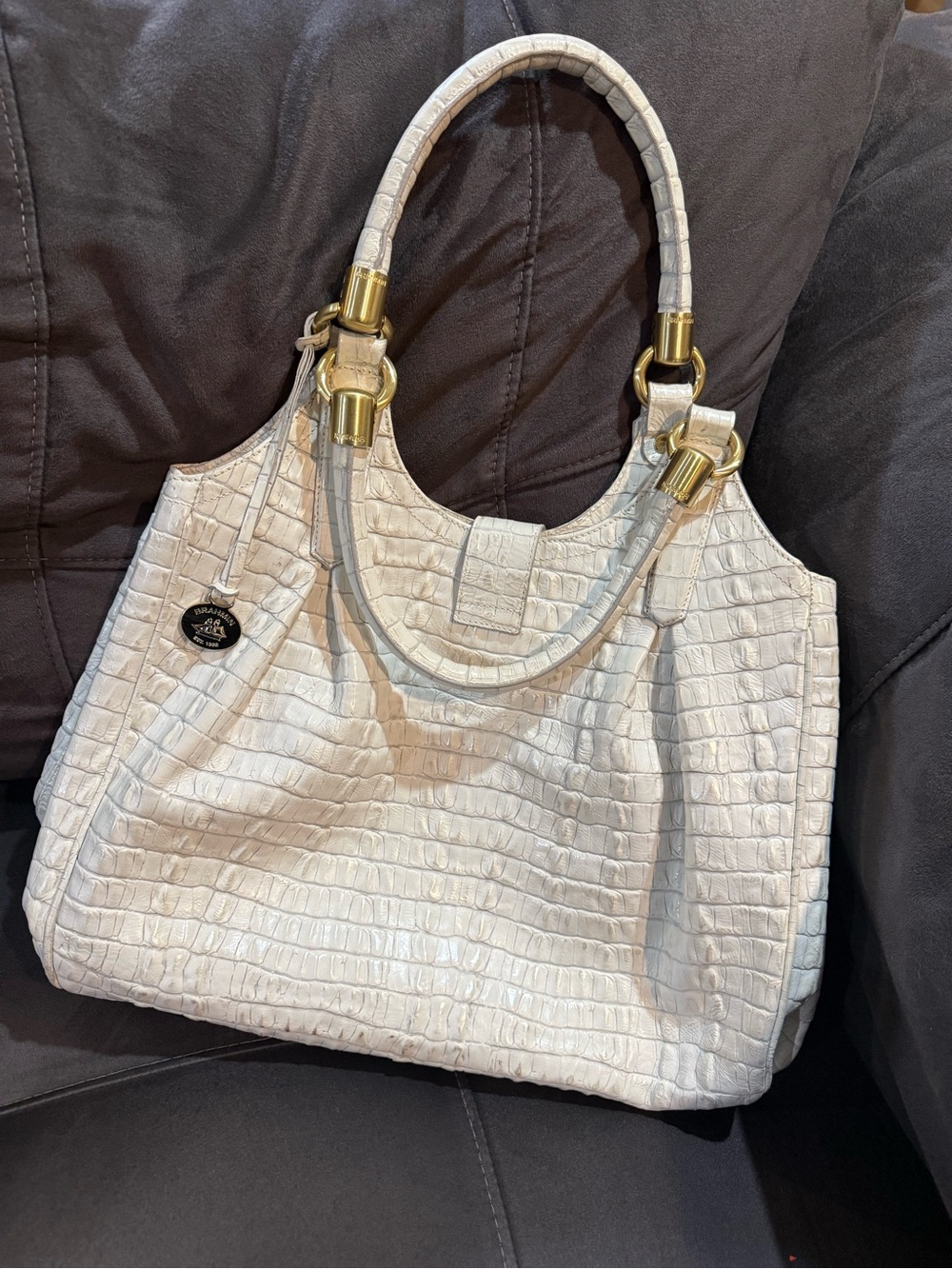 Brahmin White Croc-Embossed Satchel with Gold Hardware